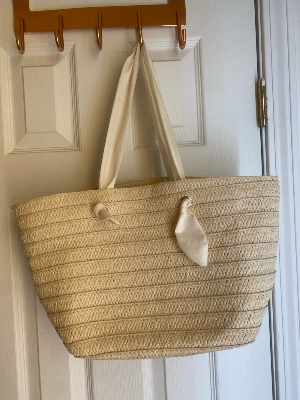 Cream Woven Straw Tote Bag with Ribbon Handles - Picture 2 of 3